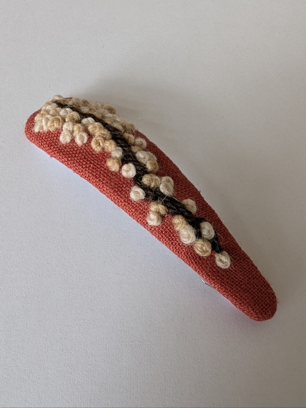 Autumn Branch On Orange Hand Embroidered Wool Linen Large Handmade Hair Clip